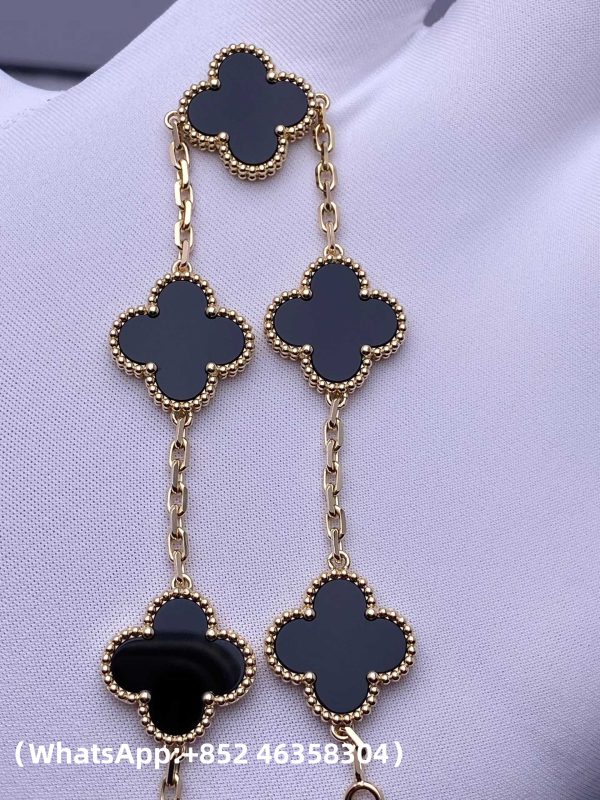 Custom Solid 18k Gold Van Cleef & Arpels Jewelry Vintage Alhambra Bracelet, 5 Motifs, Onyx