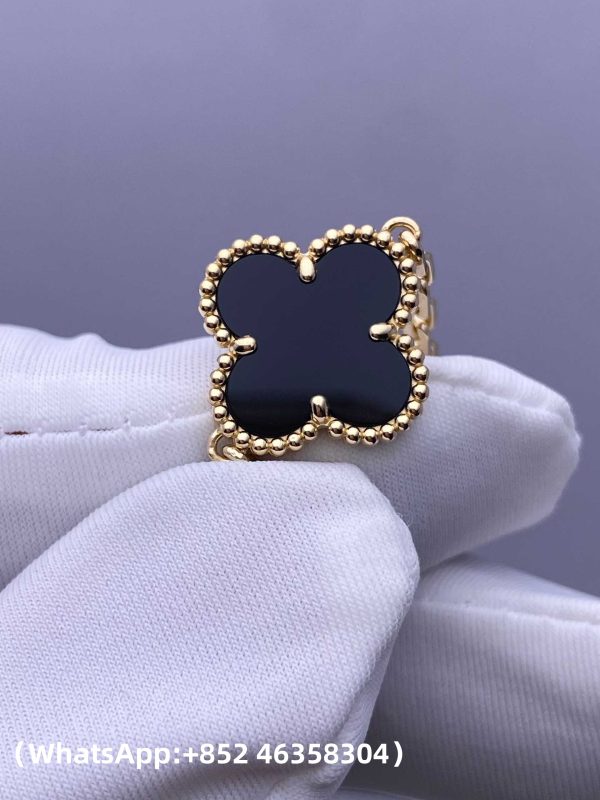 Custom Solid 18k Gold Van Cleef & Arpels Jewelry Vintage Alhambra Bracelet, 5 Motifs, Onyx