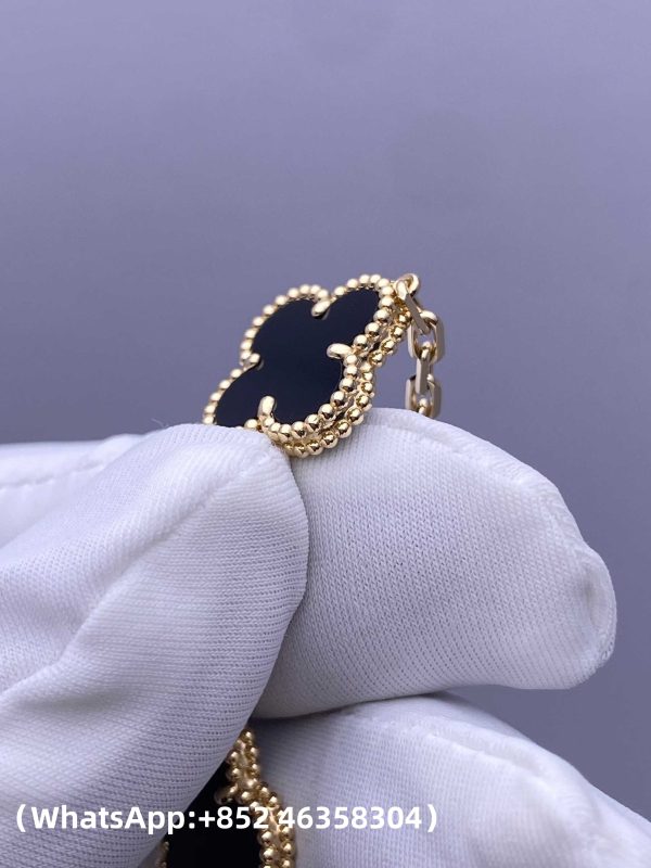 Custom Solid 18k Gold Van Cleef & Arpels Jewelry Vintage Alhambra Bracelet, 5 Motifs, Onyx