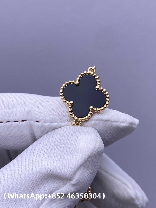 Custom Solid 18k Gold Van Cleef & Arpels Jewelry Vintage Alhambra Bracelet, 5 Motifs, Onyx