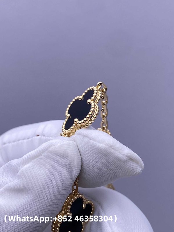 Custom Solid 18k Gold Van Cleef & Arpels Jewelry Vintage Alhambra Bracelet, 5 Motifs, Onyx