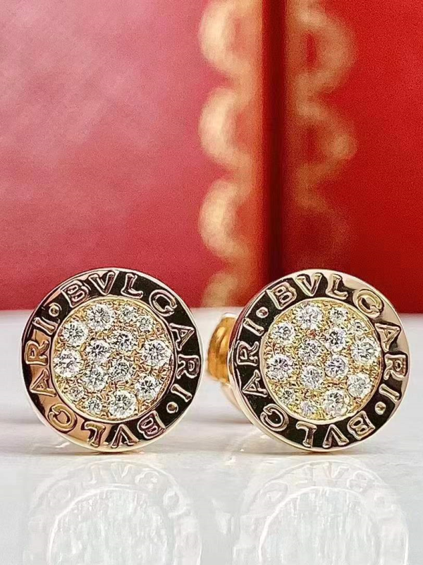 Custom Solid 18k Gold Bulgari Jewelry Bulgari Single Circle Stud Earring with Round Brilliant Pavé Diamonds