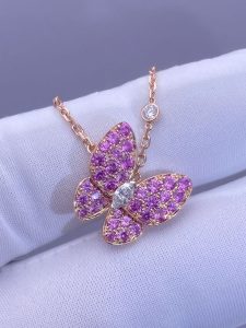 Custom Solid 18K Gold Van Cleef & Arpels Jewelry Two Butterfly Pendant , Diamond, Sapphire
