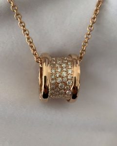 Custom Solid 18K Gold Bulgari Jewelry B.Zero1 Necklace with Chain and Pendant Set with Pavé Diamonds on the Spiral