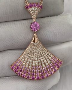 Custom Solid 18k Gold Bulgari Jewelry Bulgari Divas' Dream Pendant Necklace Set with One Central and Other Round Pink Sapphires Round Rubies as Well as Round and Pavé Diamonds