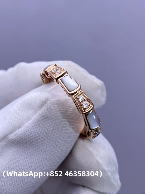 Custom Solid 18k Gold Bulgari Jewelry Serpenti Viper Thin Band Ring Set with Demi Pavé Diamonds and White Mother-of-Pearl Elements
