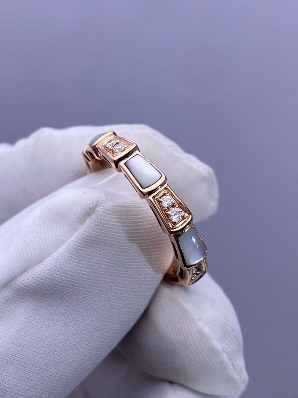 Custom Solid 18k Gold Bulgari Jewelry Serpenti Viper Thin Band Ring Set with Demi Pavé Diamonds and White Mother-of-Pearl Elements