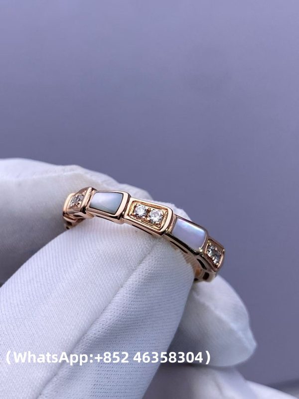 Custom Solid 18k Gold Bulgari Jewelry Serpenti Viper Thin Band Ring Set with Demi Pavé Diamonds and White Mother-of-Pearl Elements