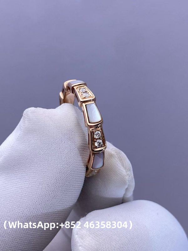 Custom Solid 18k Gold Bulgari Jewelry Serpenti Viper Thin Band Ring Set with Demi Pavé Diamonds and White Mother-of-Pearl Elements