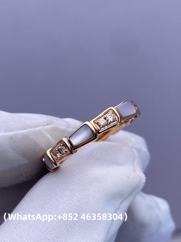 Custom Solid 18k Gold Bulgari Jewelry Serpenti Viper Thin Band Ring Set with Demi Pavé Diamonds and White Mother-of-Pearl Elements