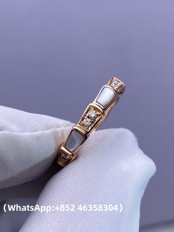Custom Solid 18k Gold Bulgari Jewelry Serpenti Viper Thin Band Ring Set with Demi Pavé Diamonds and White Mother-of-Pearl Elements