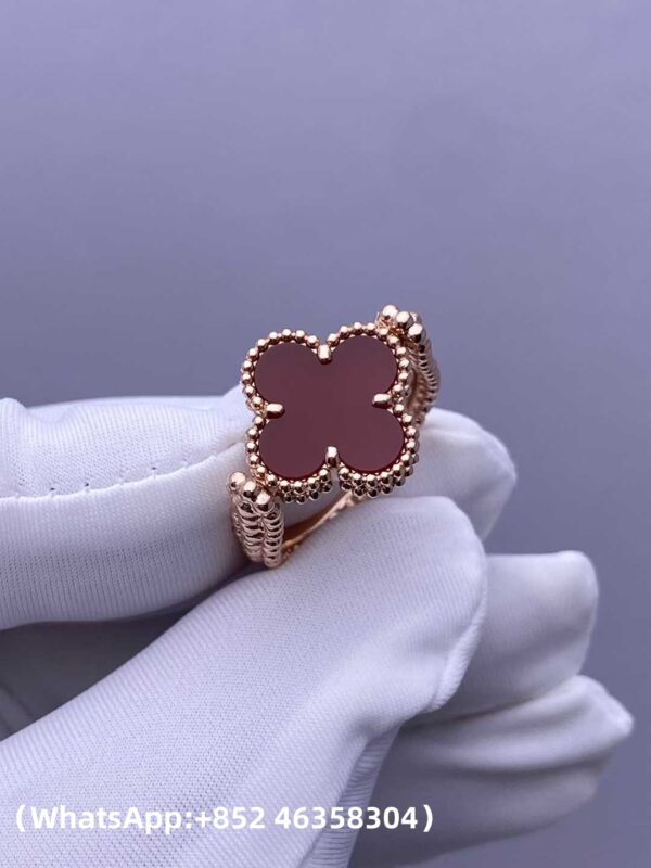 Custom Solid 18k Gold Van Cleef & Arpels Vintage Alhambra Reversible Ring, Carnelian, Diamond