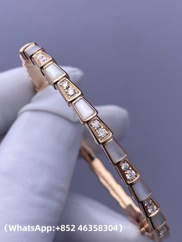 Custom Bvlgari Serpenti Viper Bracelet Set with Mother-Of-Pearl Elements and Pavé Diamonds