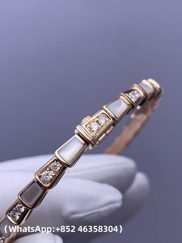 Custom Bvlgari Serpenti Viper Bracelet Set with Mother-Of-Pearl Elements and Pavé Diamonds