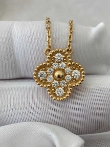 Custom Solid 18k Gold Van Cleef & Arpels Vintage Alhambra Pendant 18K Yellow Gold Diamond