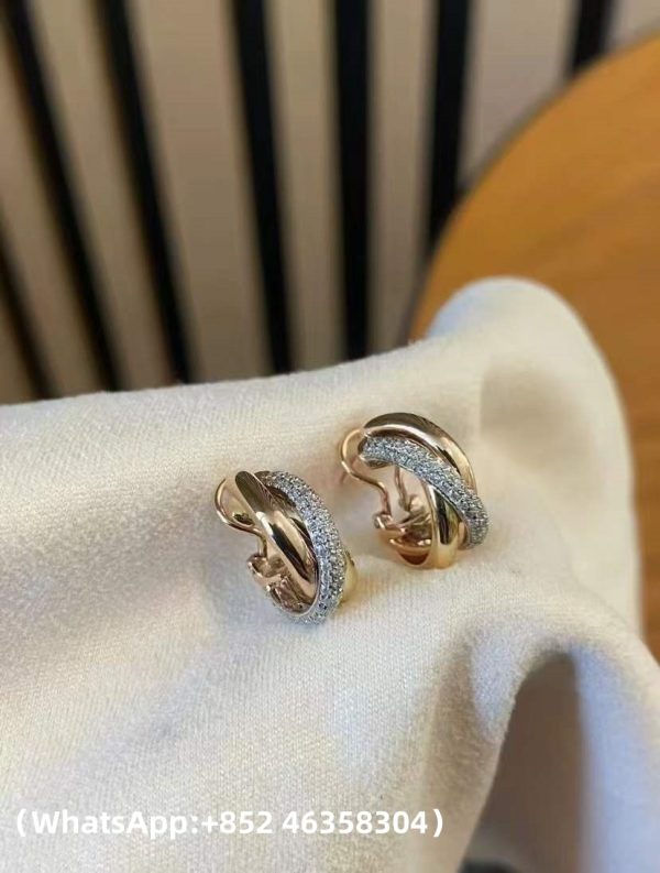 Custom Solid 18k Gold Cartier Trinity Earrings Classic Model Half-Paved Custom Solid 18k Gold Cartier Trinity Earrings Classic Model Half-Paved