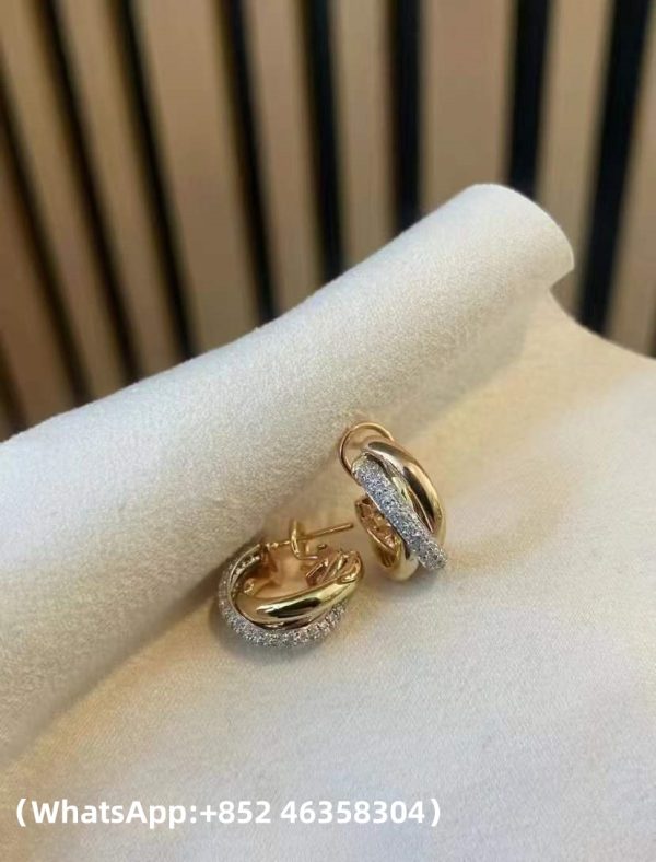 Custom Solid 18k Gold Cartier Trinity Earrings Classic Model Half-Paved Custom Solid 18k Gold Cartier Trinity Earrings Classic Model Half-Paved