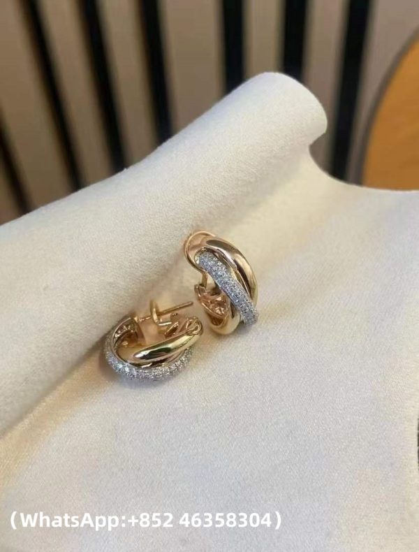 Custom Solid 18k Gold Cartier Trinity Earrings Classic Model Half-Paved Custom Solid 18k Gold Cartier Trinity Earrings Classic Model Half-Paved