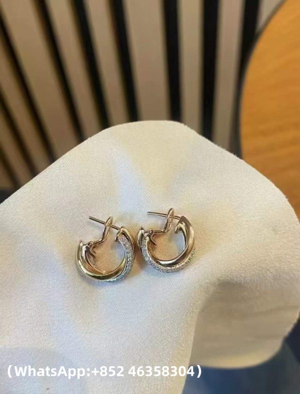Custom Solid 18k Gold Cartier Trinity Earrings Classic Model Half-Paved Custom Solid 18k Gold Cartier Trinity Earrings Classic Model Half-Paved