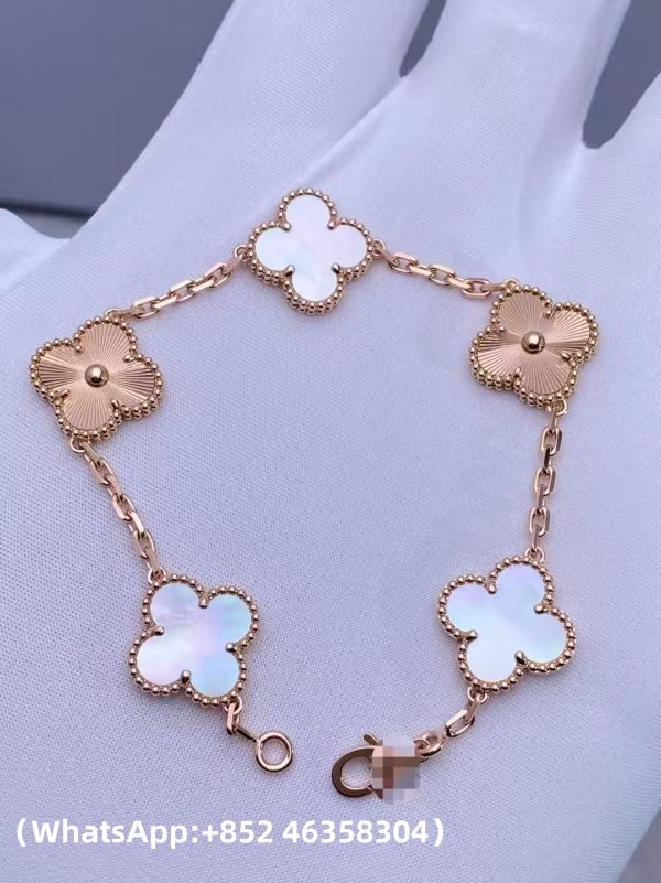 Custom Solid 18k Gold Jewelry Van Cleef & Arpels Vintage Alhambra Bracelet 5 Motifs Mother-of-pearl