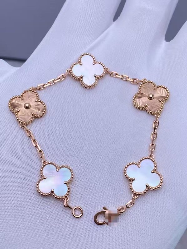 Custom Solid 18k Gold Jewelry Van Cleef & Arpels Vintage Alhambra Bracelet 5 Motifs Mother-of-pearl
