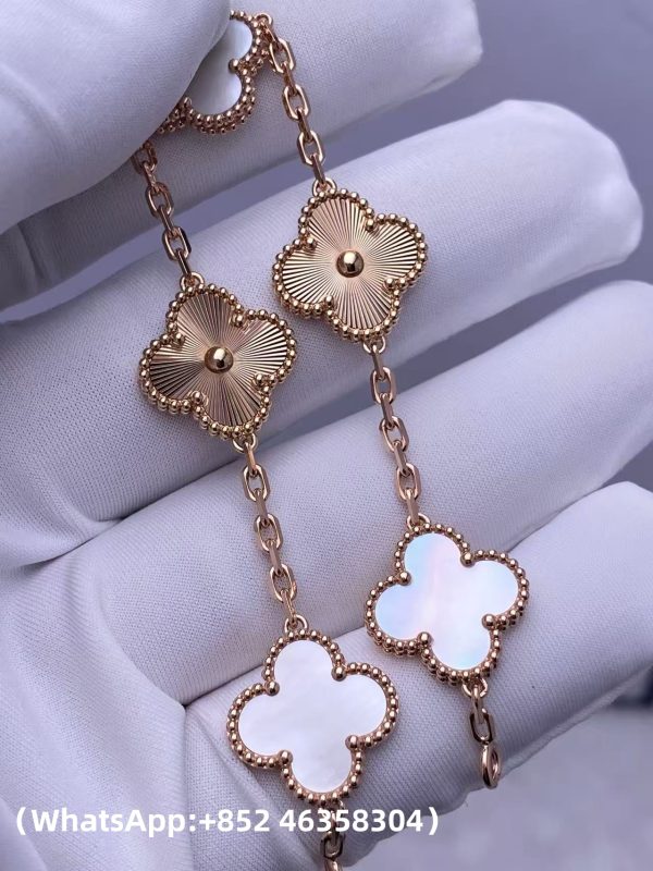 Custom Solid 18k Gold Jewelry Van Cleef & Arpels Vintage Alhambra Bracelet 5 Motifs Mother-of-pearl