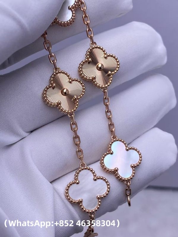 Custom Solid 18k Gold Jewelry Van Cleef & Arpels Vintage Alhambra Bracelet 5 Motifs Mother-of-pearl