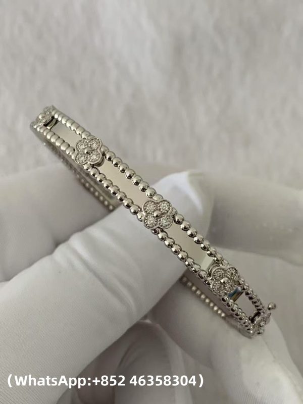 Custom Solid 18k Gold Van Cleef & Arpels Jewelry Perlée Sweet Clovers Bracelet Medium Model 18K White Gold DiamondCustom Solid 18k Gold Van Cleef & Arpels Jewelry Perlée Sweet Clovers Bracelet Medium Model 18K White Gold Diamond