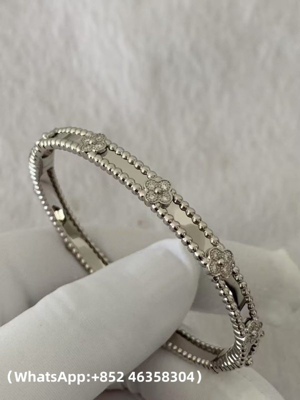 Custom Solid 18k Gold Van Cleef & Arpels Jewelry Perlée Sweet Clovers Bracelet Medium Model 18K White Gold Diamond