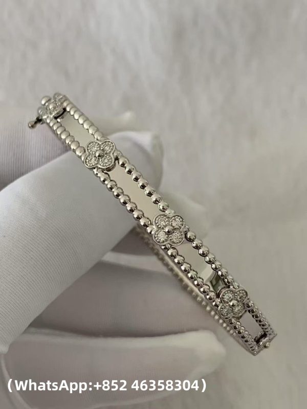 Custom Solid 18k Gold Van Cleef & Arpels Jewelry Perlée Sweet Clovers Bracelet Medium Model 18K White Gold Diamond