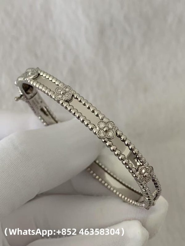Custom Solid 18k Gold Van Cleef & Arpels Jewelry Perlée Sweet Clovers Bracelet Medium Model 18K White Gold Diamond