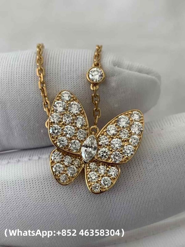 Custom Solid 18K Gold Van Cleef & Arpels Jewelry Two Butterfly Pendant, Diamond Custom Solid 18K Gold Van Cleef & Arpels Jewelry Two Butterfly Pendant, Diamond