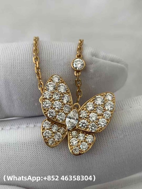 Custom Solid 18K Gold Van Cleef & Arpels Jewelry Two Butterfly Pendant, Diamond Custom Solid 18K Gold Van Cleef & Arpels Jewelry Two Butterfly Pendant, Diamond