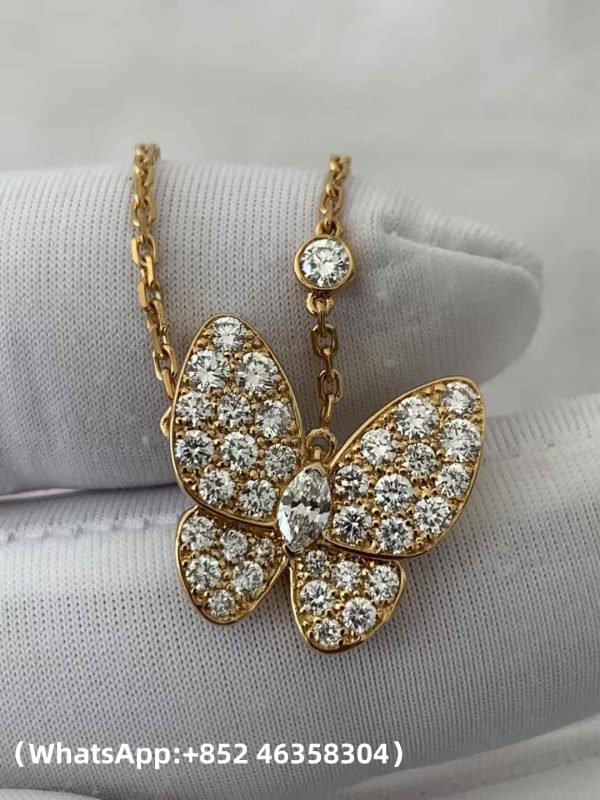Custom Solid 18K Gold Van Cleef & Arpels Jewelry Two Butterfly Pendant, Diamond Custom Solid 18K Gold Van Cleef & Arpels Jewelry Two Butterfly Pendant, Diamond