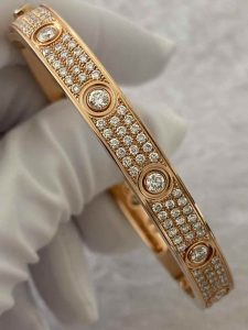 Custom Solid 18k Gold Cartier Jewelry LOVE Bracelet, Classic Model, Paved, 10 Diamonds