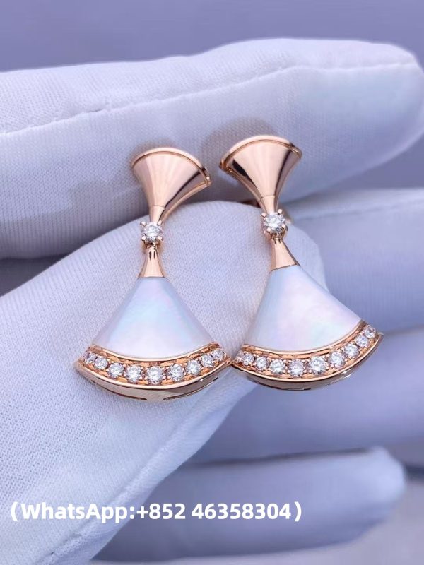 Custom Solid 18k Gold Bulgari Jewelry Bvlgari Divas' Dream Fan-Shaped Drop Earrings Set with Mother-of-Pearl and Brilliant-Cut Diamonds