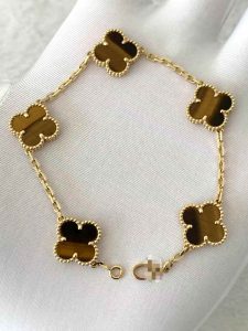 Custom Solid 18k Gold Van Cleef & Arpels Jewelry Vintage Alhambra Bracelet 5 Motifs Tiger Eye
