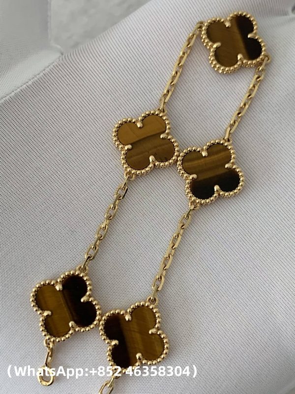 Custom Solid 18k Gold Van Cleef & Arpels Jewelry Vintage Alhambra Bracelet 5 Motifs Tiger Eye Custom Solid 18k Gold Van Cleef & Arpels Jewelry Vintage Alhambra Bracelet 5 Motifs Tiger Eye