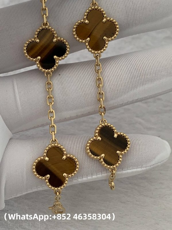 Custom Solid 18k Gold Van Cleef & Arpels Jewelry Vintage Alhambra Bracelet 5 Motifs Tiger Eye Custom Solid 18k Gold Van Cleef & Arpels Jewelry Vintage Alhambra Bracelet 5 Motifs Tiger Eye